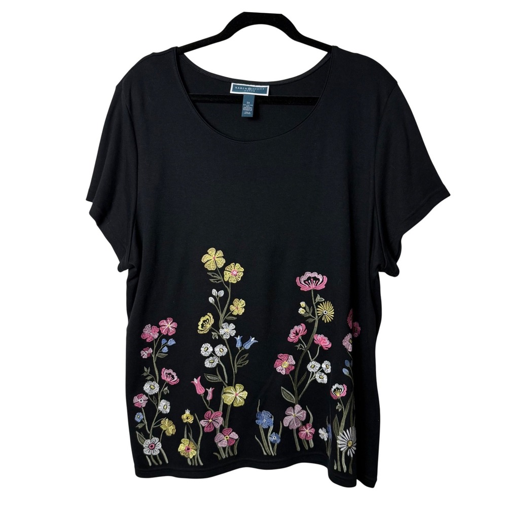 Karen Scott Black Floral Embroidered Short Sleeve Top 3X Plus Size
